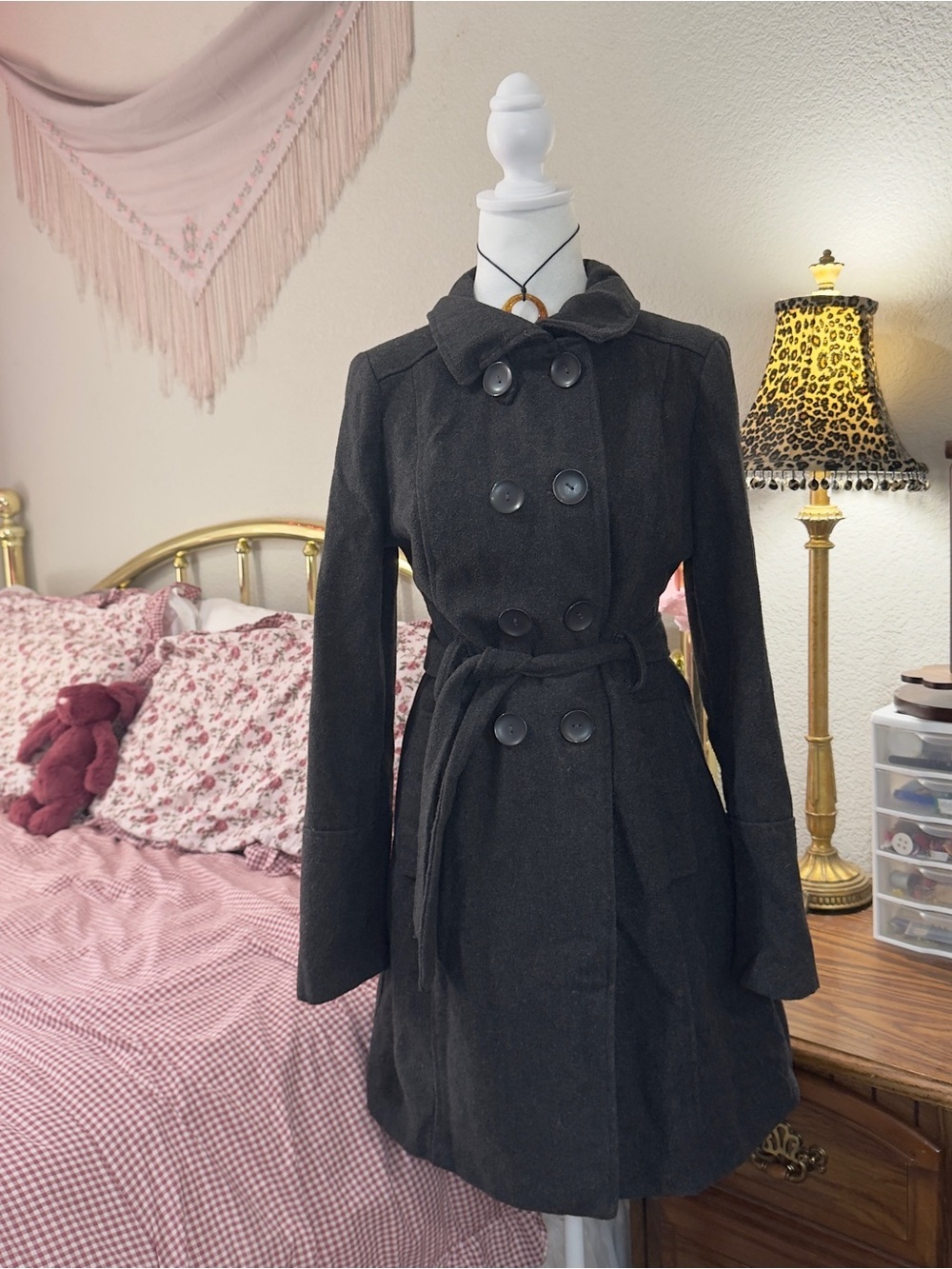 Y2K Dark Gray Double-Breasted Peacoat with Belt